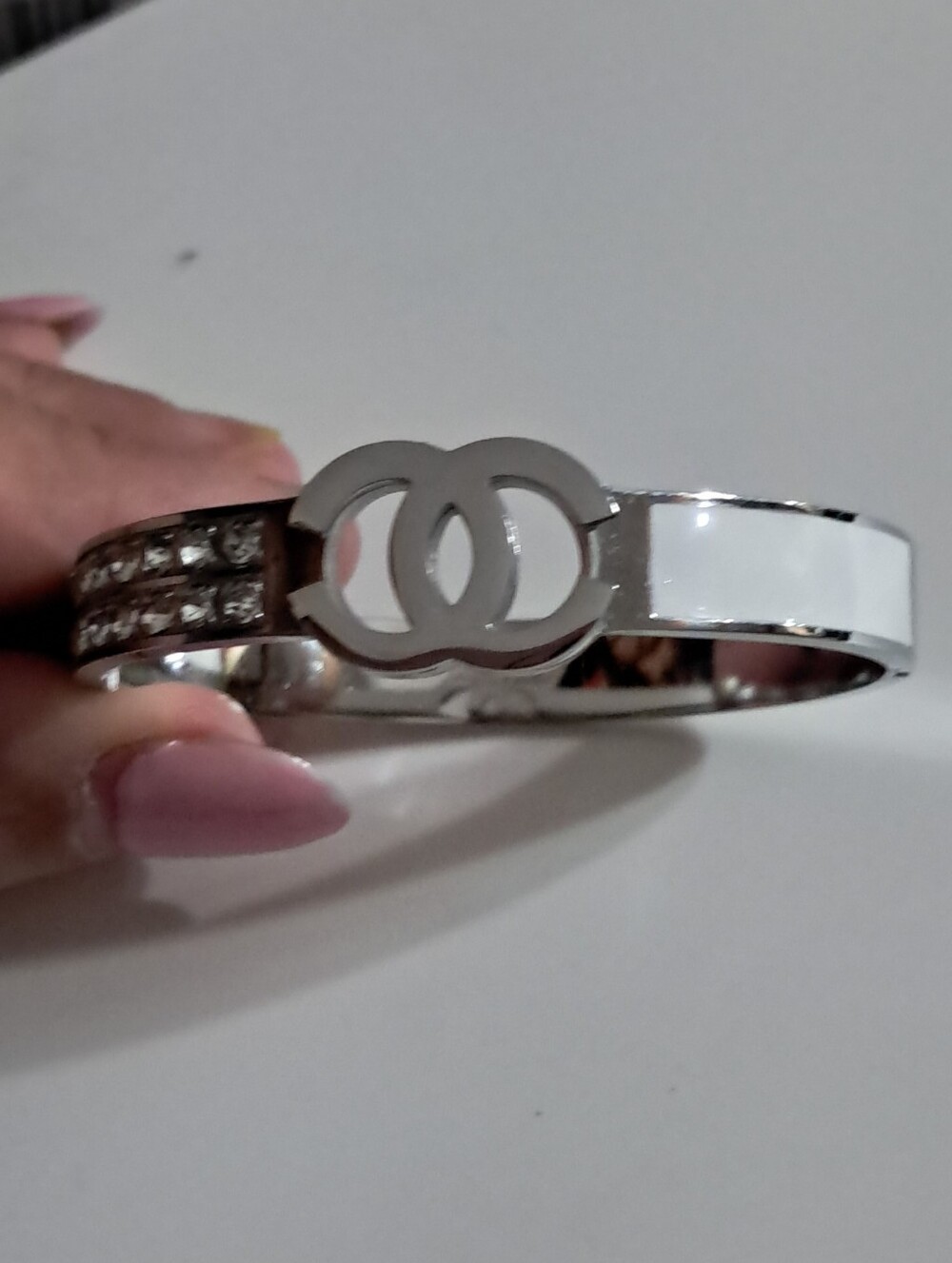 Fashion Jewelry Silver Tone White Enamel Bracelet with Crystal Accents